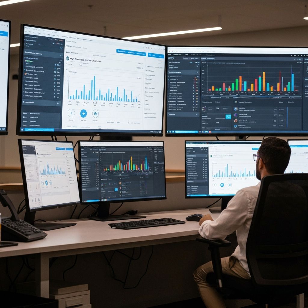 Modern office with multiple monitoring screens